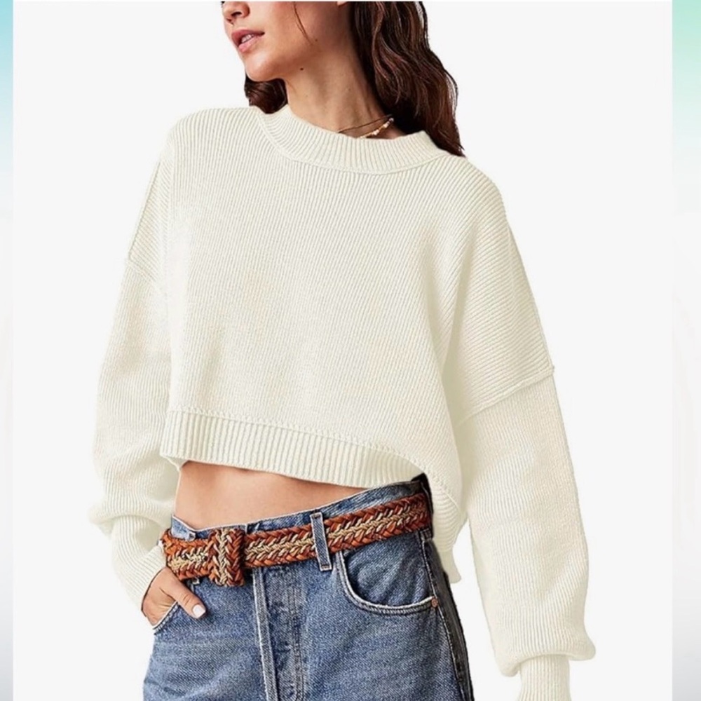 Free People Easy Street Cropped Sweater Moonglow XS Side Slit Rib Knit Boho